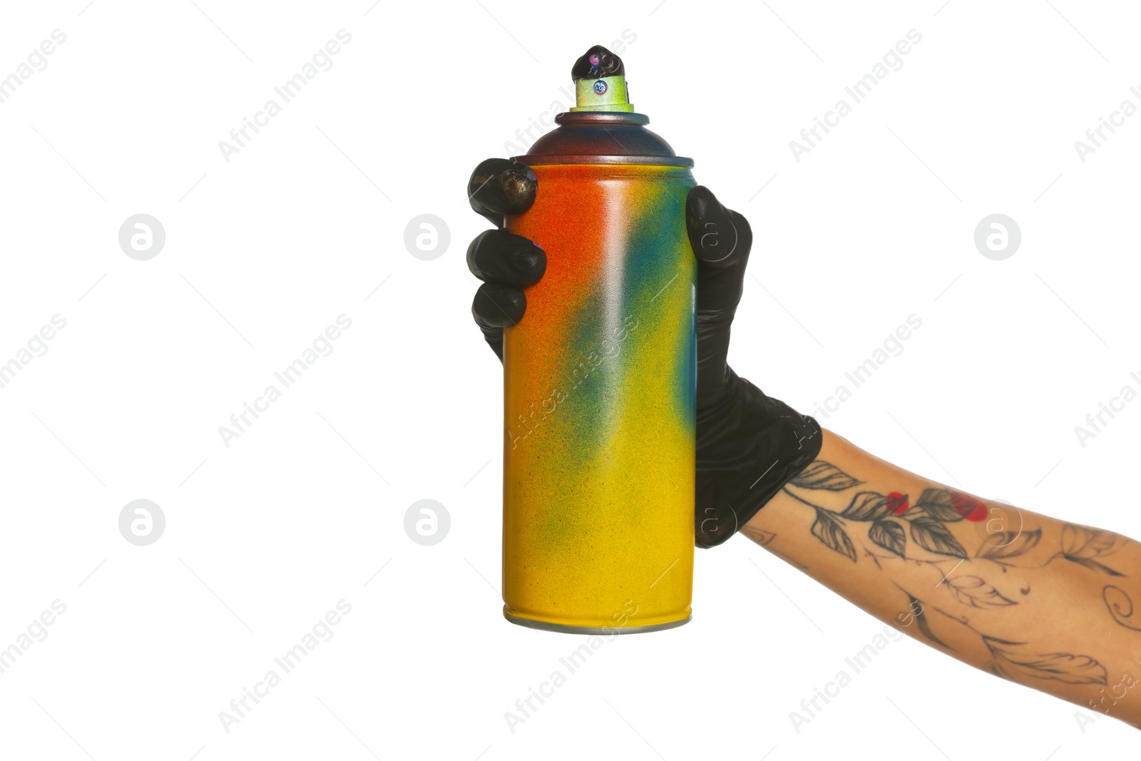 Photo of Woman holding used can of spray paint on white background, closeup