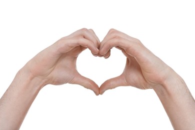 Photo of Man showing heart gesture with hands on white background, closeup