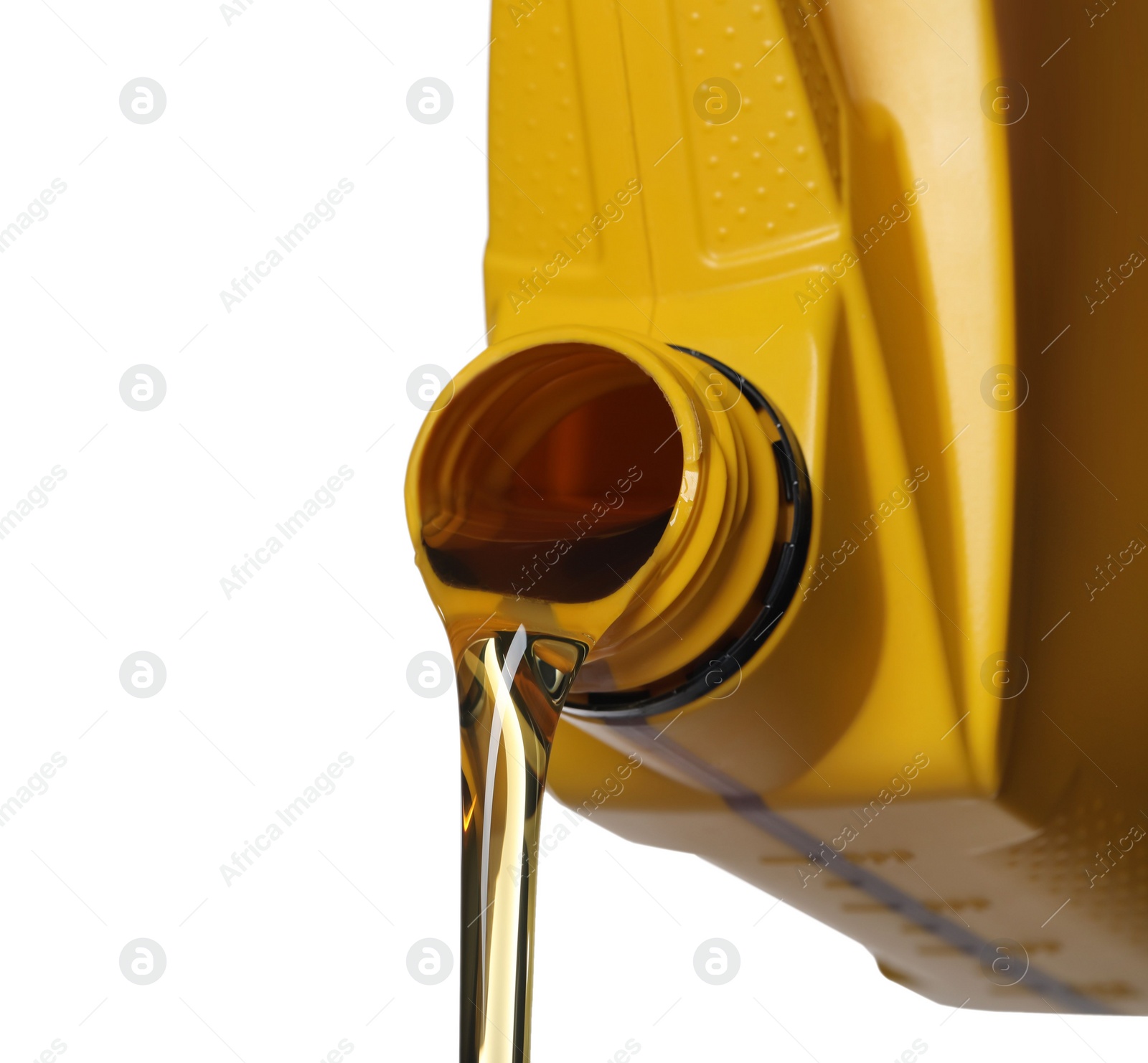 Photo of Man pouring motor oil from yellow container on white background, closeup