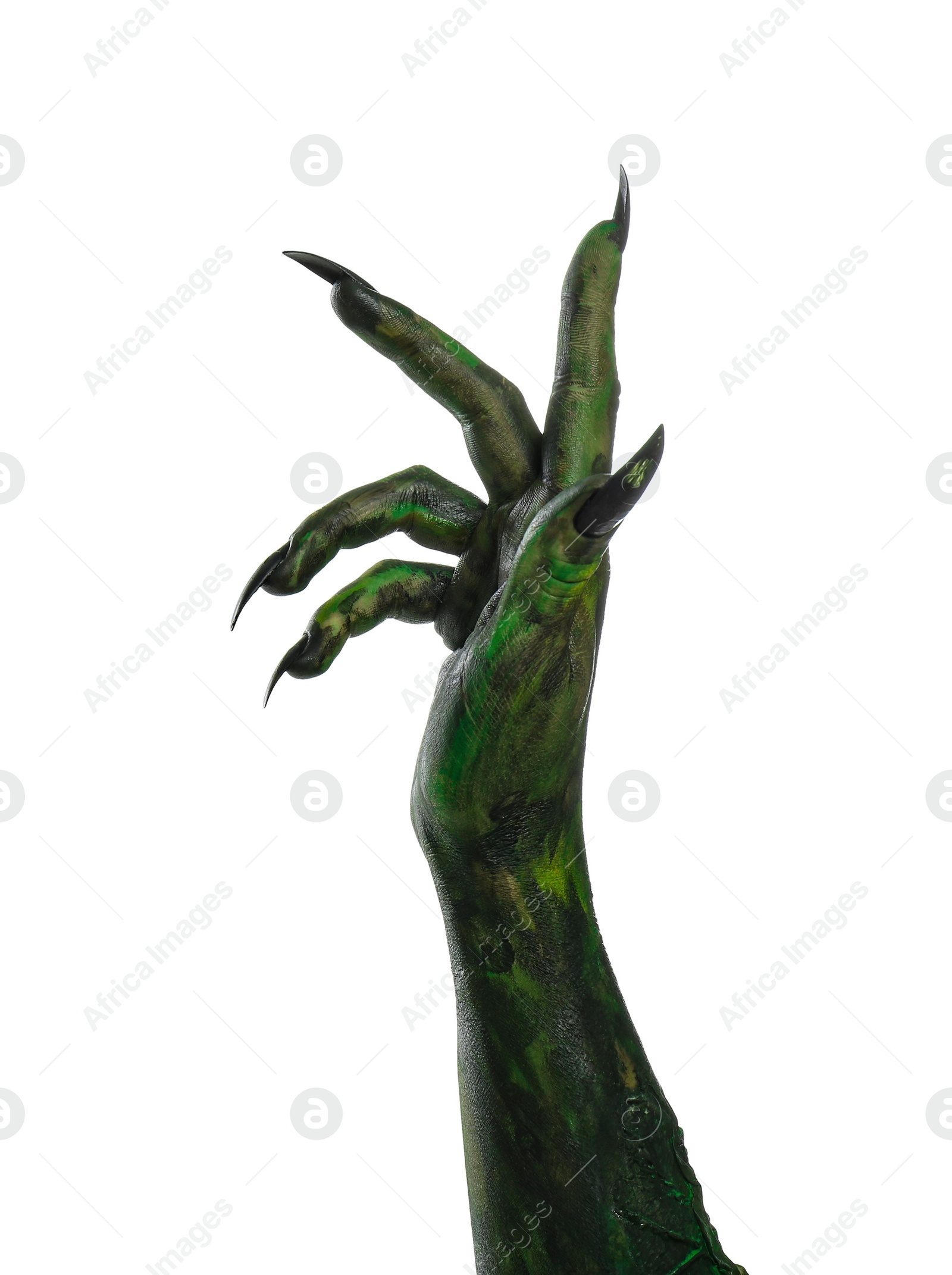 Photo of Scary monster on white background, closeup of hand. Halloween character