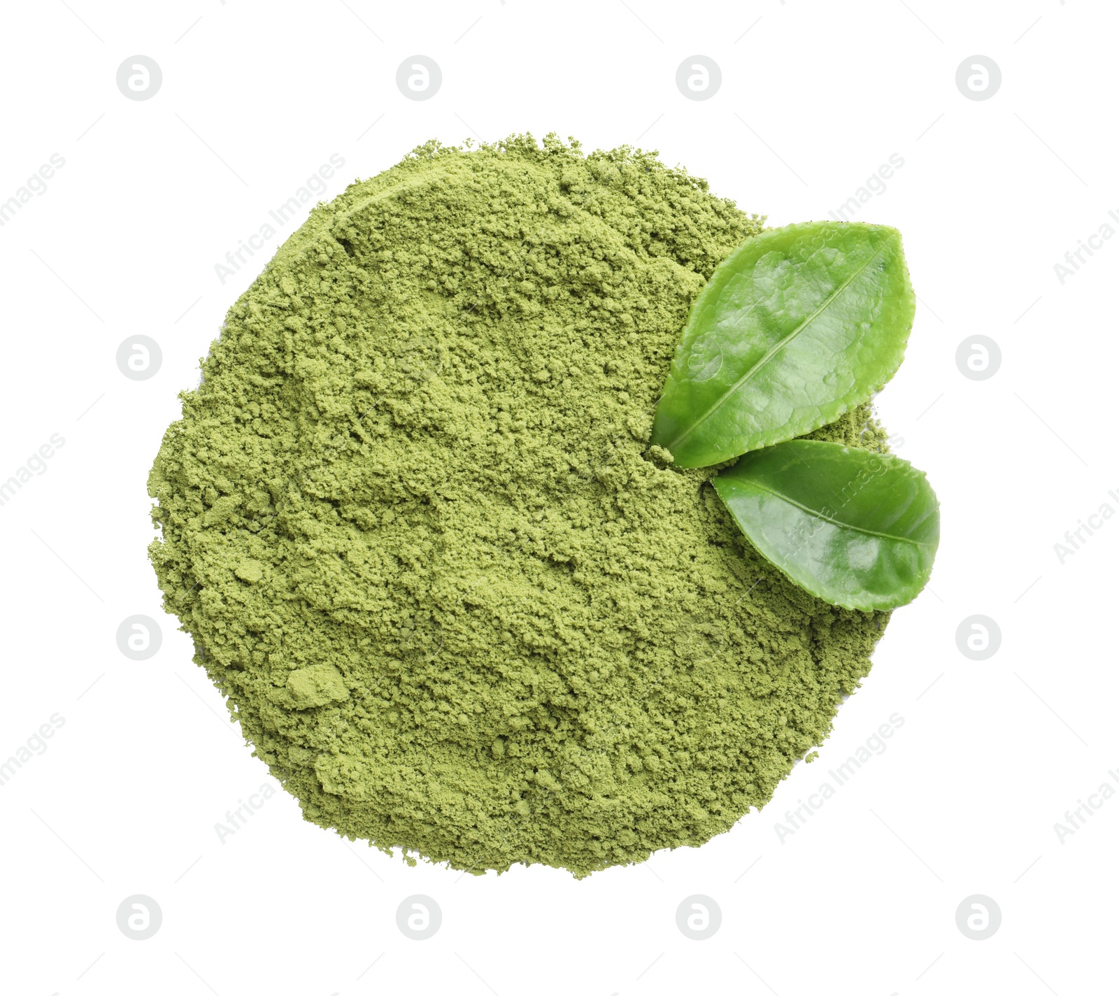 Photo of Pile of green matcha powder and fresh leaves isolated on white, top view