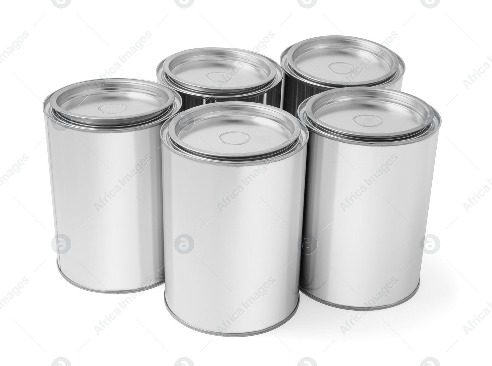 Photo of Many cans of paints on white background