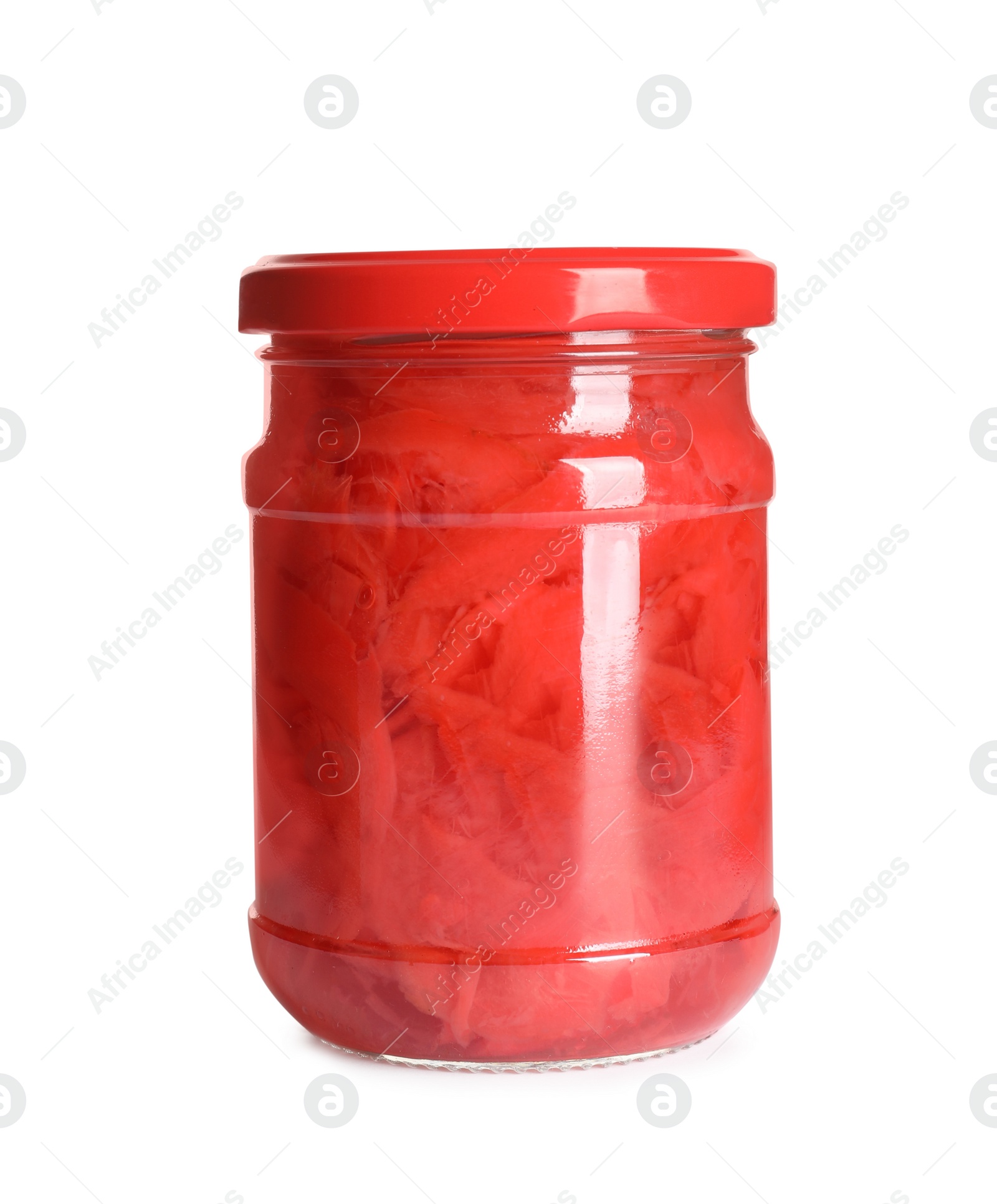 Photo of Piquant pickled ginger in glass jar on white background. Delicious sauce condiment