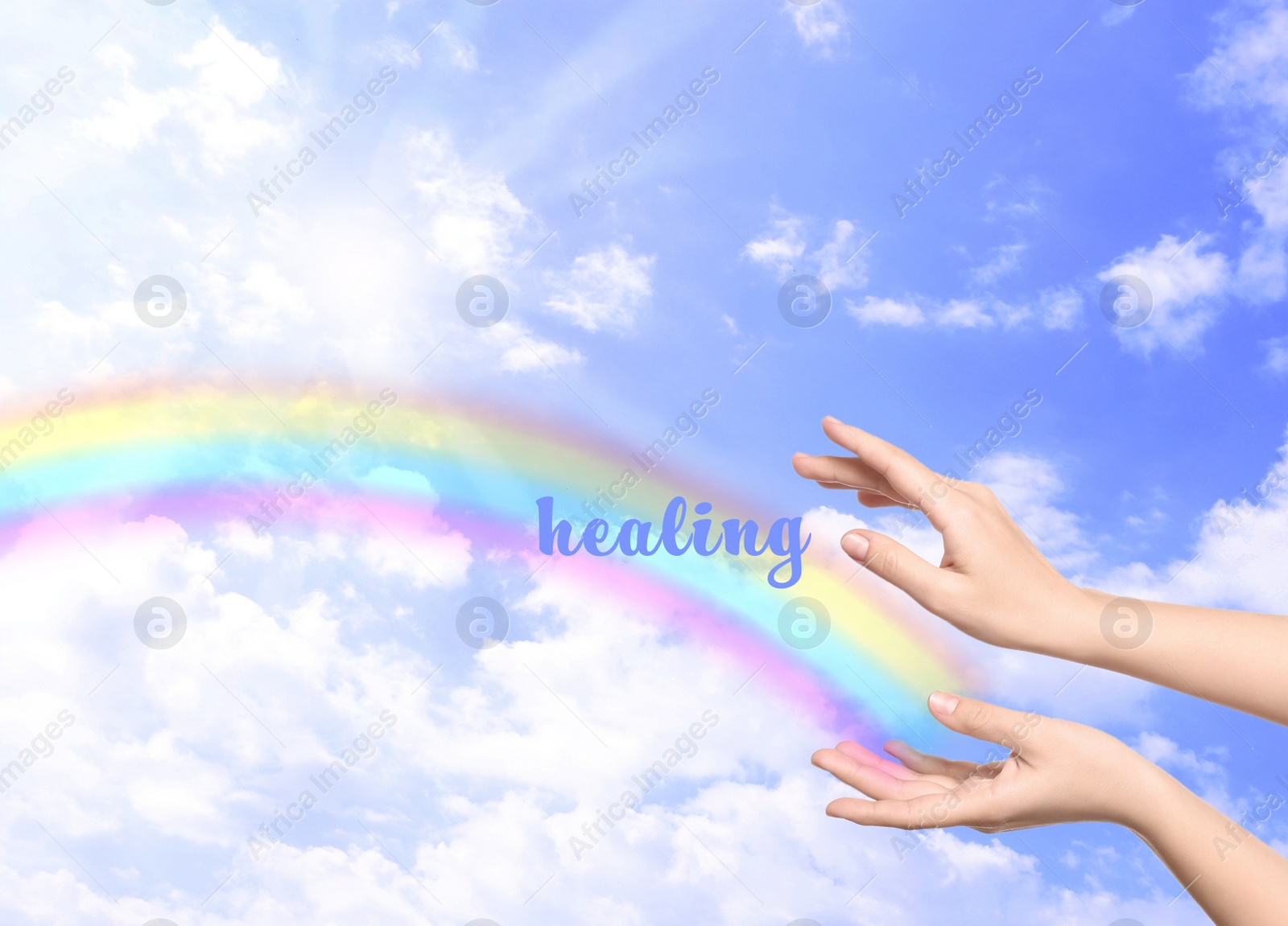 Image of Woman and rainbow as source of healing energy on sunny day, closeup