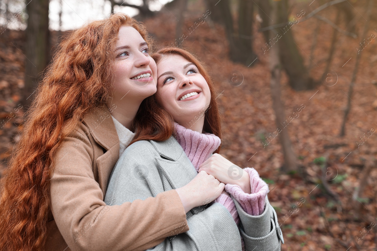 Photo of Portrait of beautiful young redhead sisters in park on autumn day. Space for text