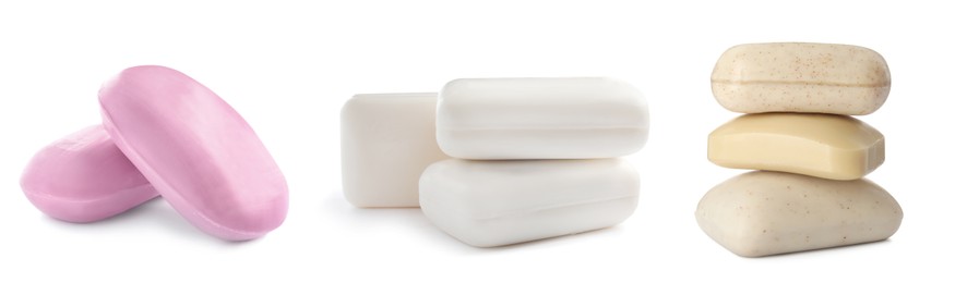 Image of Set with different soap bars on white background. Banner design