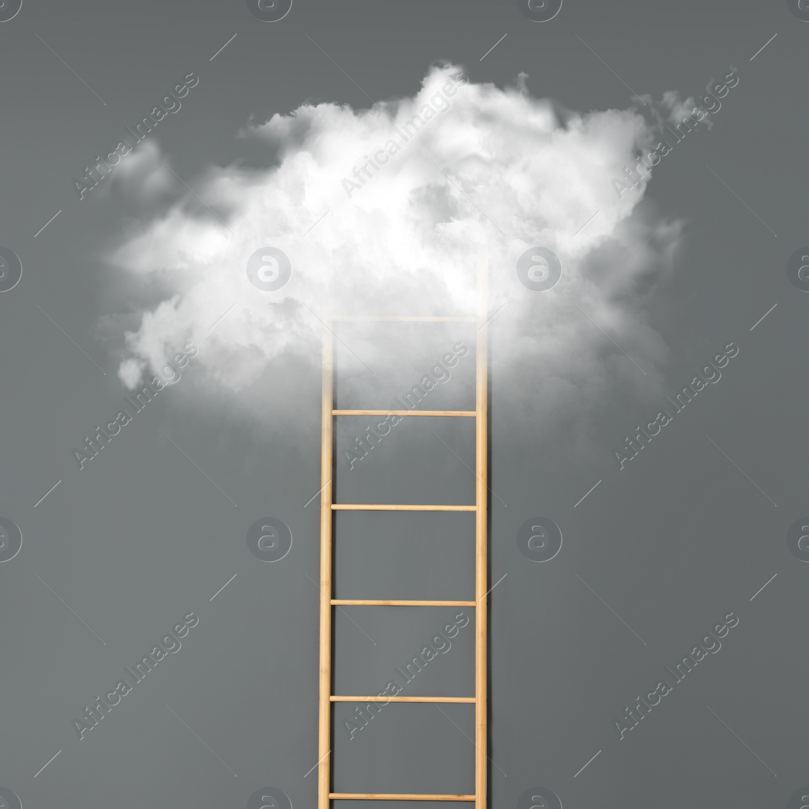 Image of Wooden ladder leading to white cloud on light grey background. Concept of growth and development