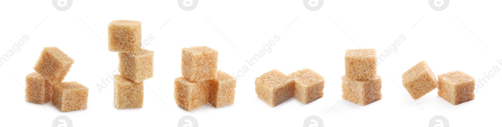 Image of Set with cubes of brown sugar on white background. Banner design