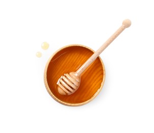 Photo of Tasty honey in bowl and dipper on white background, top view. Space for text