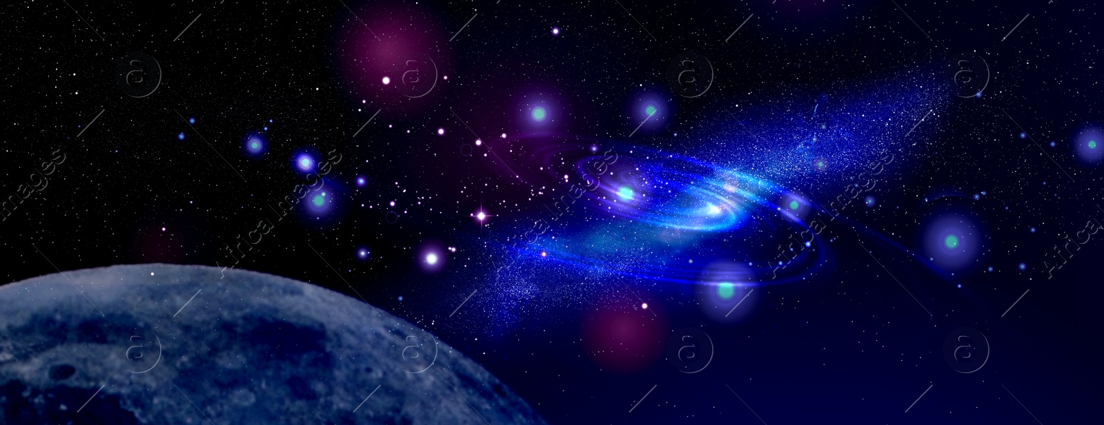 Illustration of Amazing illustration of galaxy with stars and planets, banner design. Fantasy world