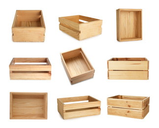 Image of Set of wooden crates on white background