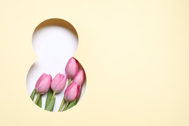 Photo of 8 March greeting card design with tulips and space for text, top view. Happy International Women's Day