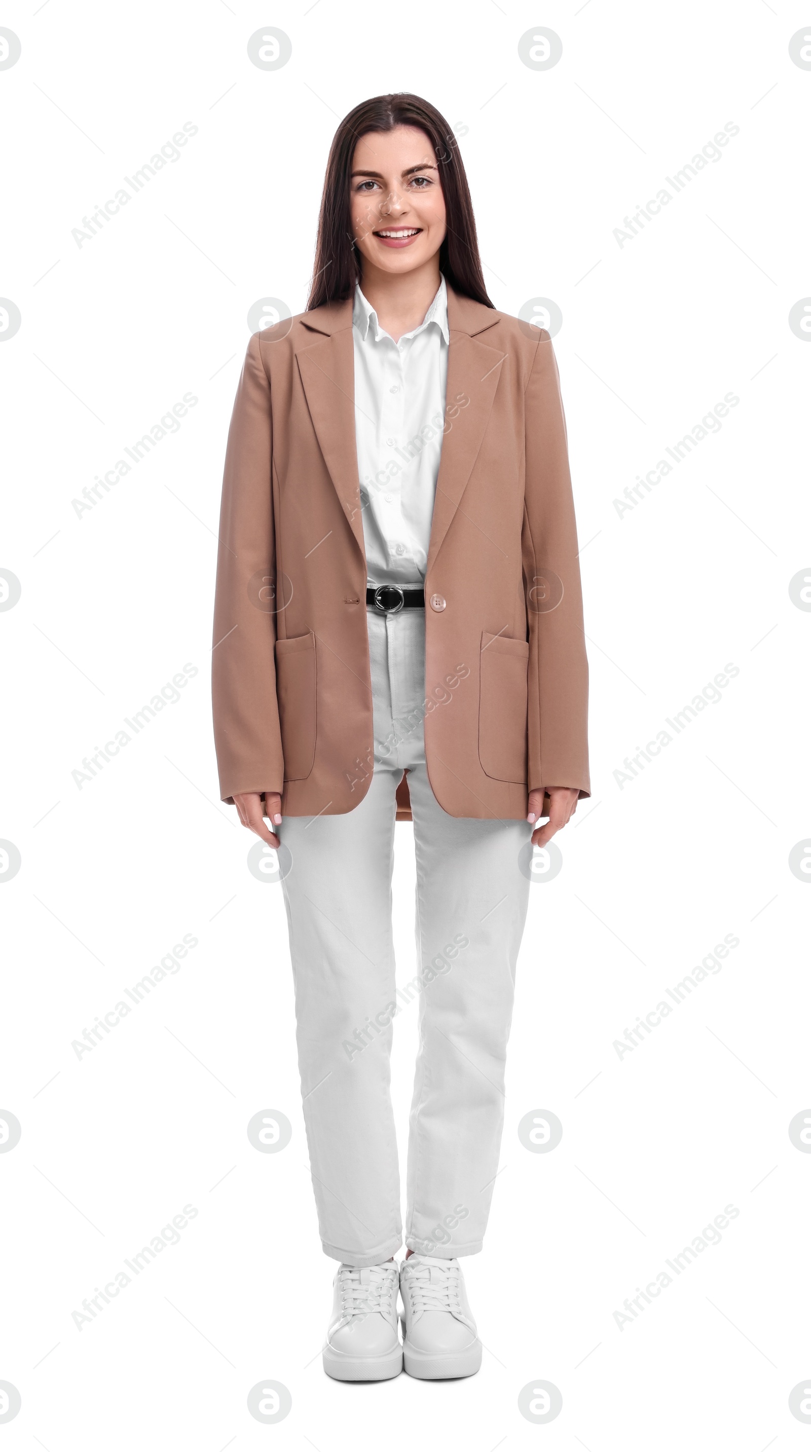 Photo of Beautiful young businesswoman in suit on white background