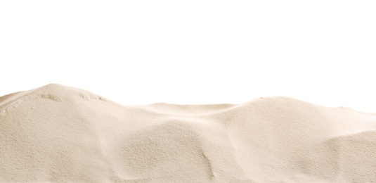 Photo of Heap of dry beach sand on white background