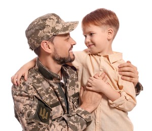 Photo of Ukrainian defender in military uniform with his little son on white background