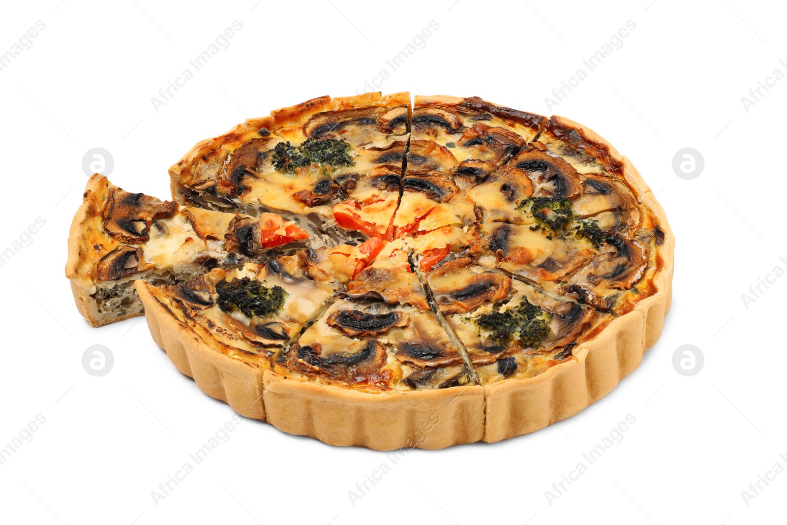 Photo of Delicious quiche with mushrooms isolated on white