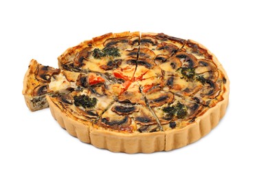 Delicious quiche with mushrooms isolated on white