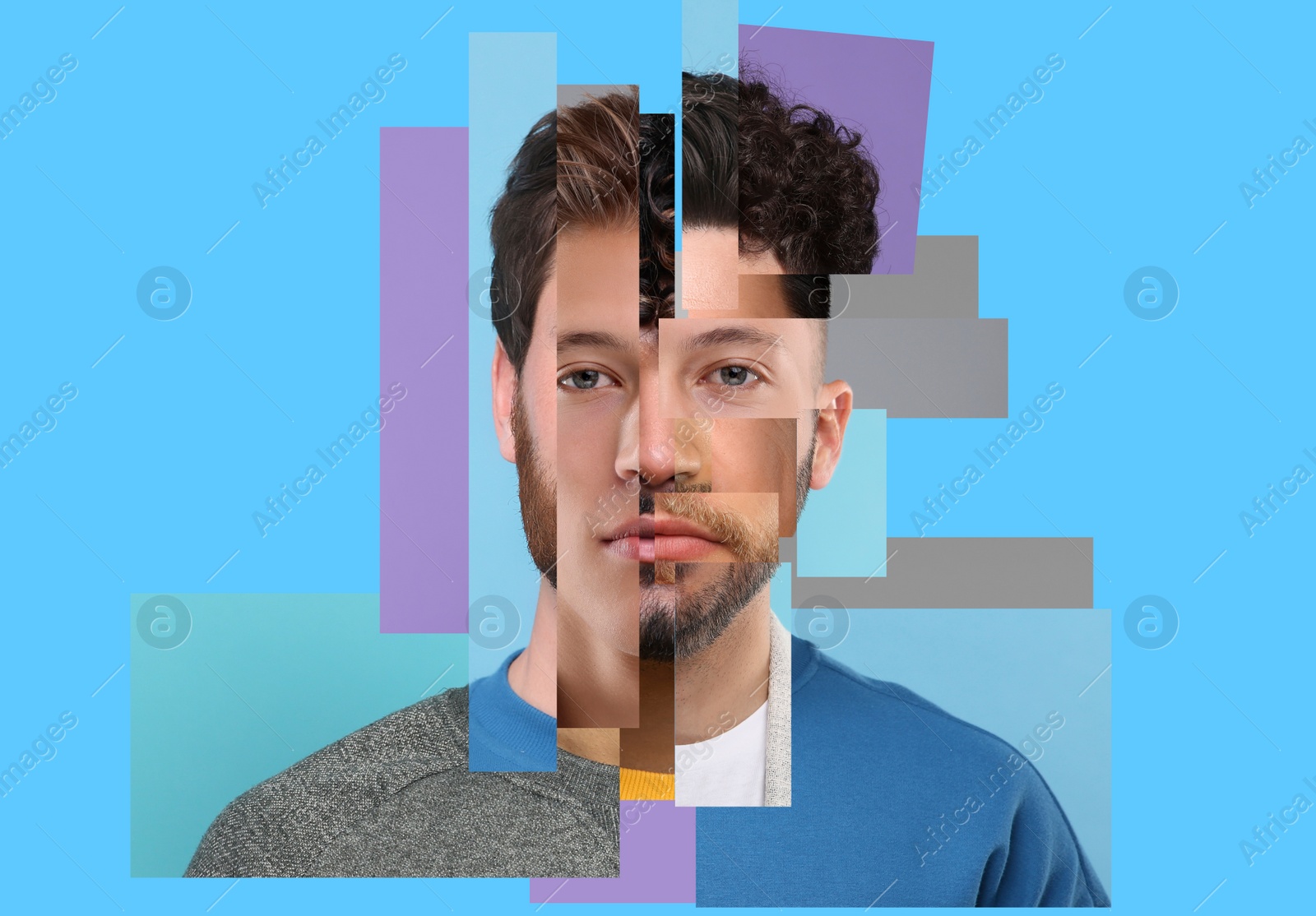 Image of Combined portrait of man on light blue background. Collage with parts of different people's photos