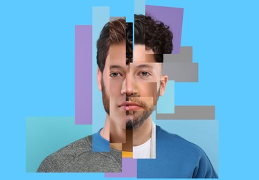 Combined portrait of man on light blue background. Collage with parts of different people's photos