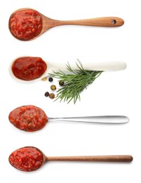 Set with adjika sauce on white background, top view