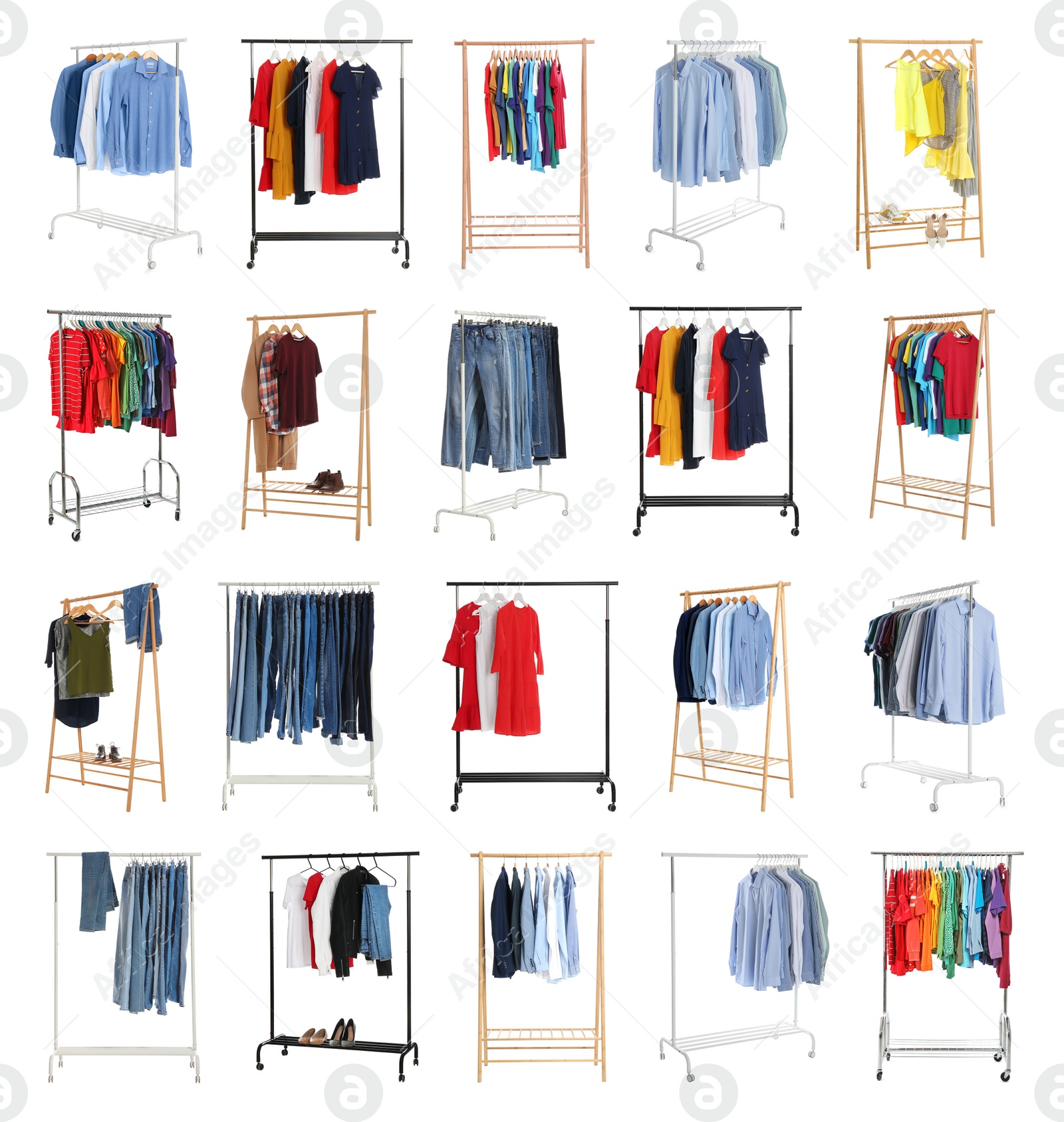 Image of Set of wardrobe racks with different clothes on white background