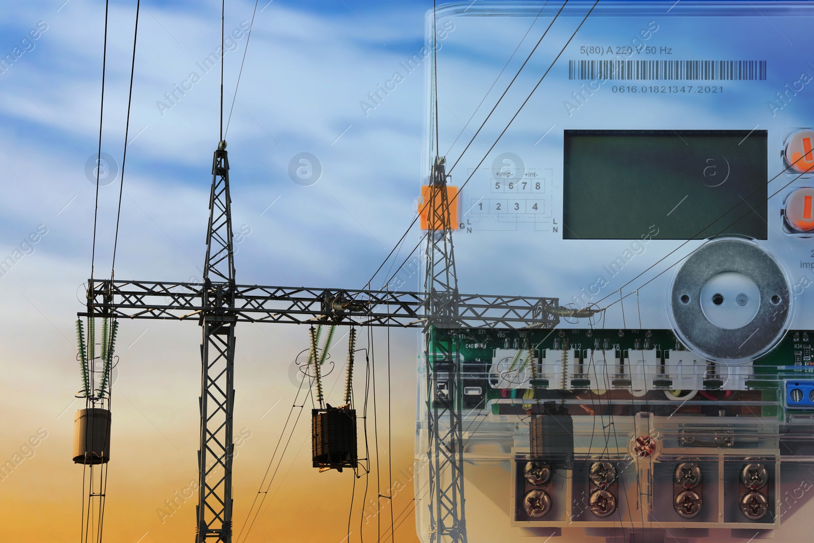 Image of Double exposure of electricity meter and high voltage tower with transmission power lines