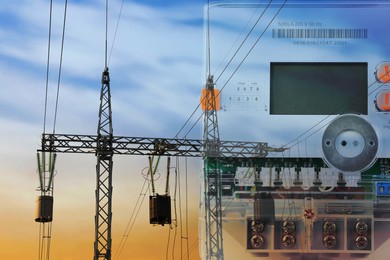 Image of Double exposure of electricity meter and high voltage tower with transmission power lines