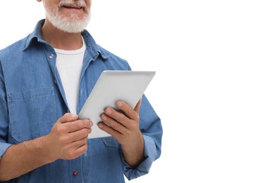 Man with tablet on white background, closeup