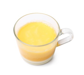 Glass cup with clarified butter on white background