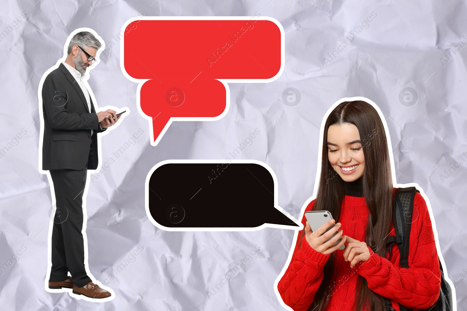 Image of Dialogue, chatting. Photos of people using mobile phones and speech bubbles near them, collage design