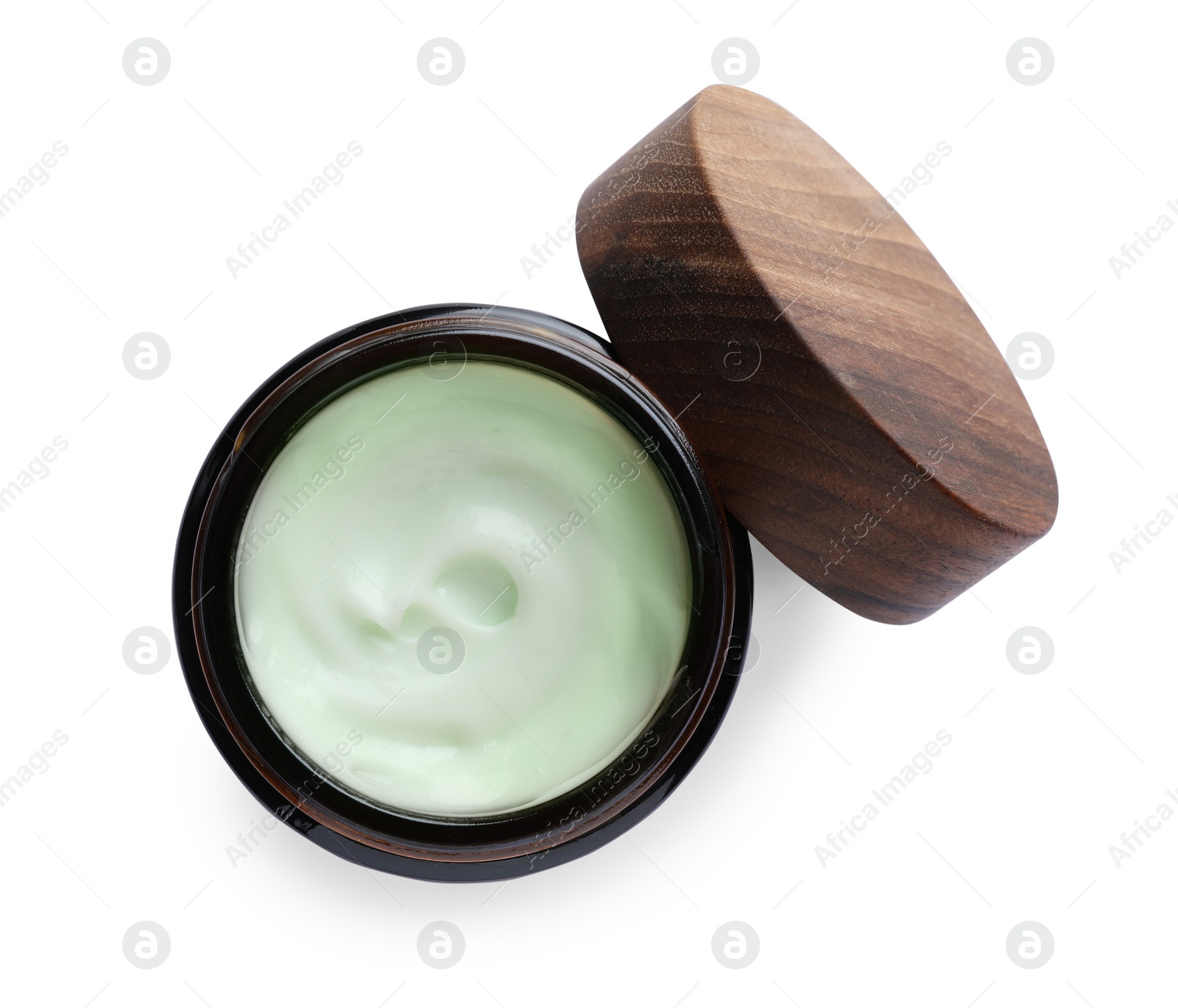 Photo of Jar of hand cream on white background, top view