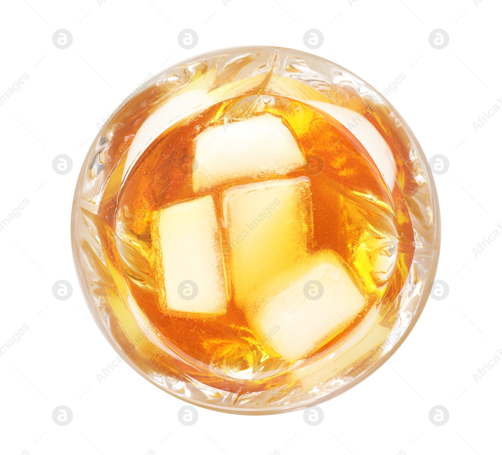 Photo of Glass of expensive whiskey with ice cubes on white background, top view