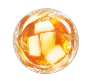 Glass of expensive whiskey with ice cubes on white background, top view