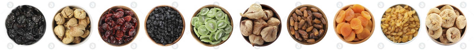Image of Set of different dry fruits on white background, top view. Banner design