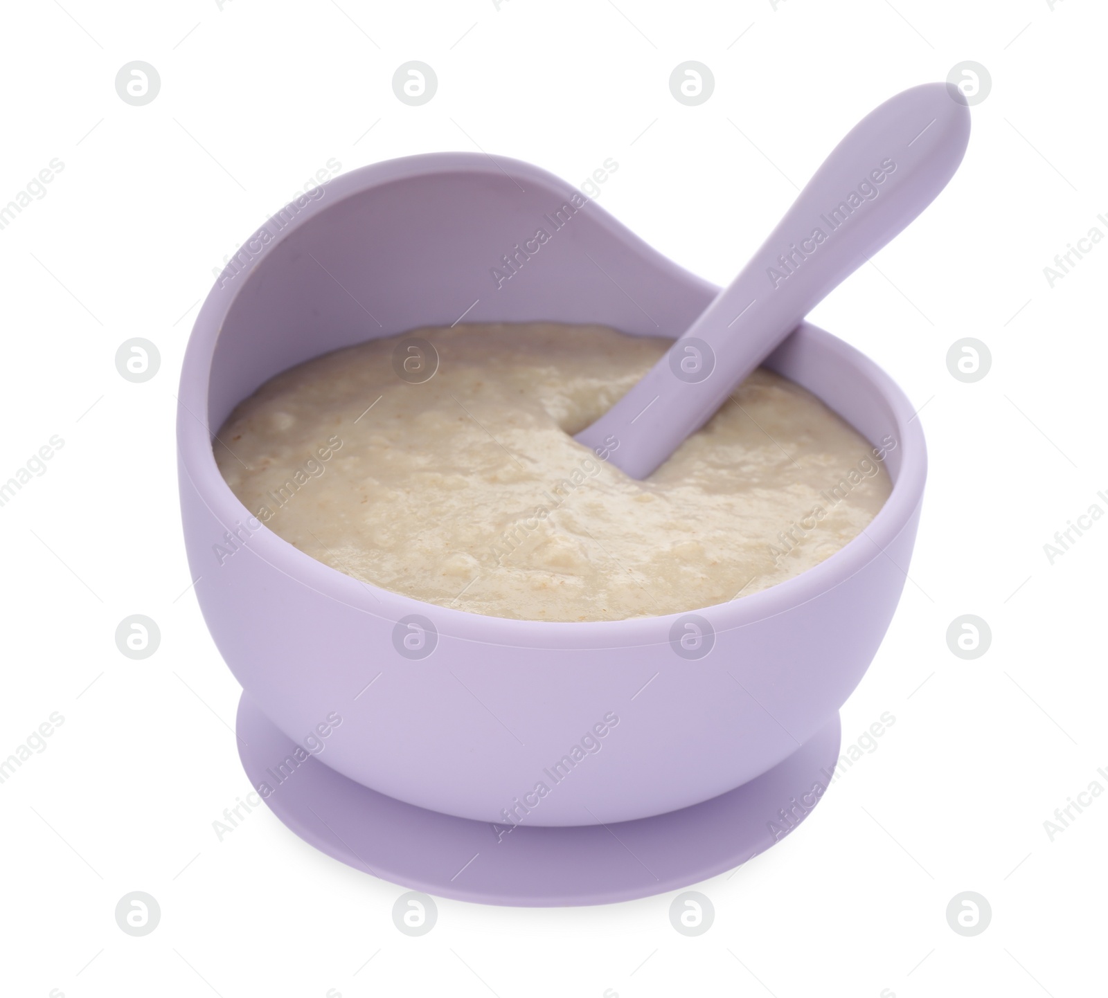 Photo of Healthy baby food in bowl on white background