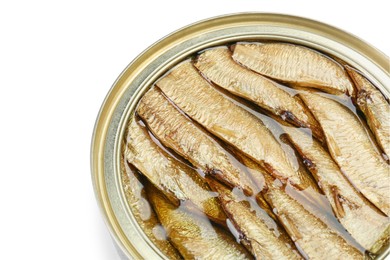 Photo of Sprats in tin can isolated on white