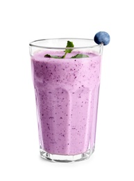 Photo of Tasty blueberry smoothie in glass on white background