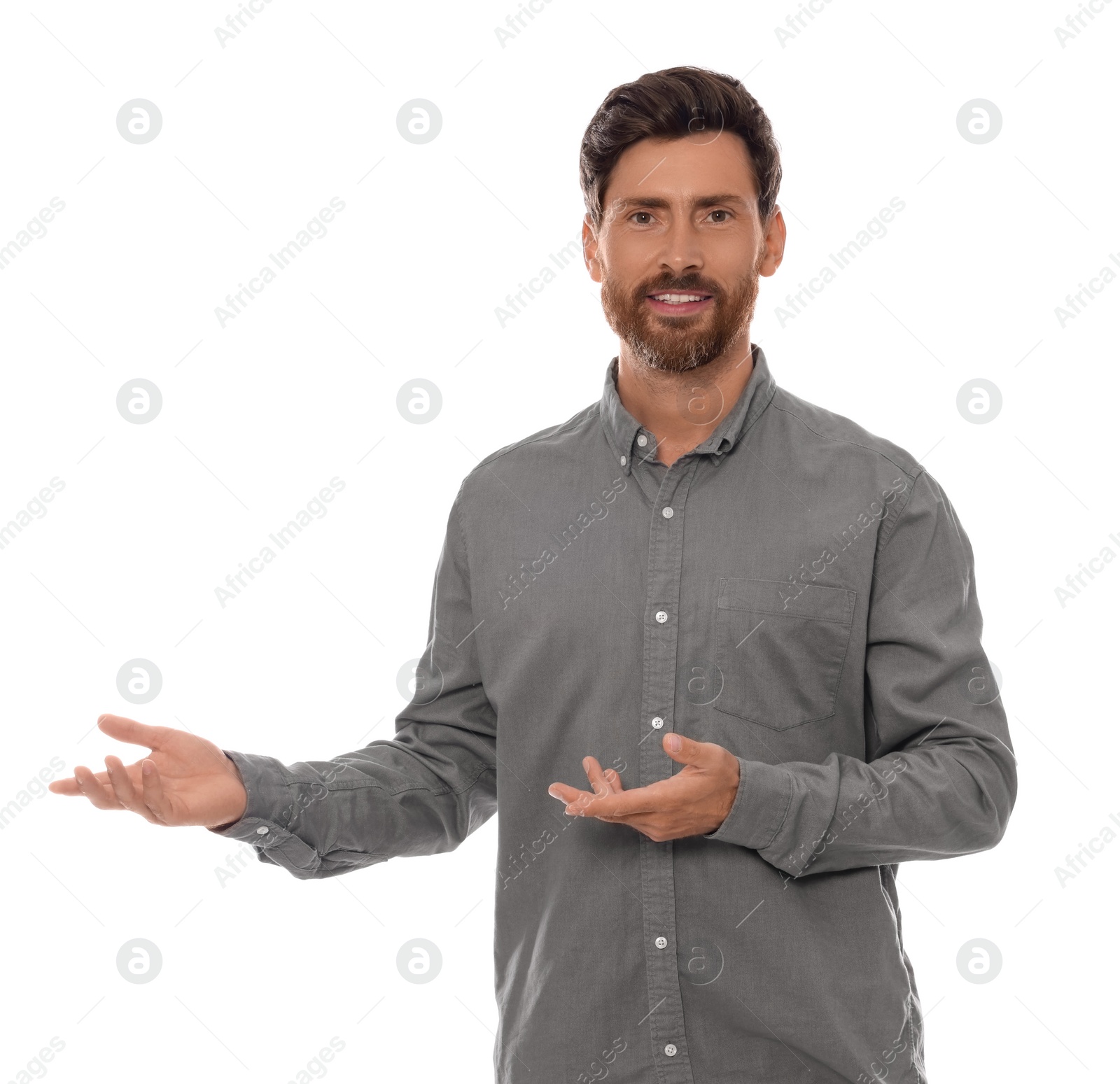 Photo of Handsome man gesturing on white background. Weather forecast reporter