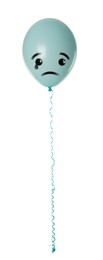 Cyan balloon with sad face on white background