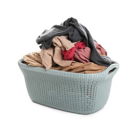 Photo of Plastic laundry basket full of clothes isolated on white