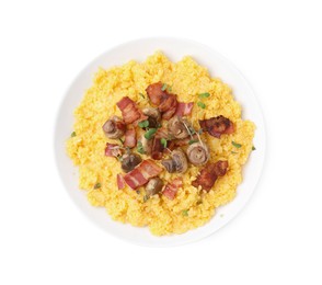 Photo of Tasty cornmeal with bacon and mushrooms in bowl isolated on white, top view