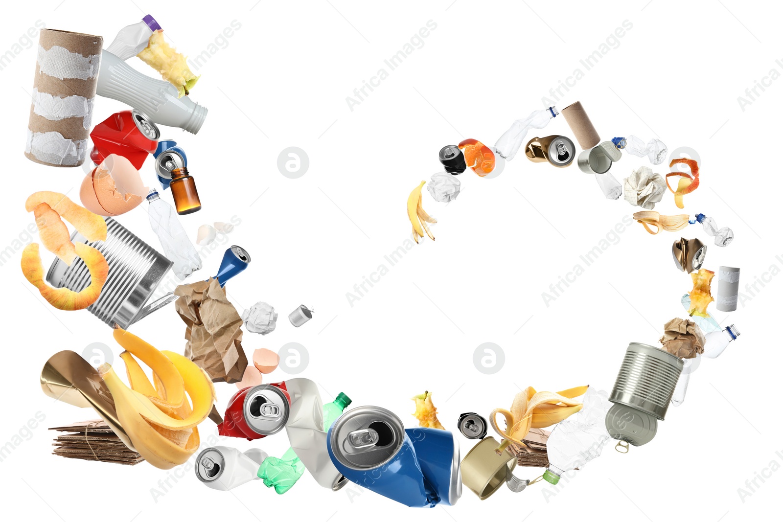 Image of Lots of different garbage flying on white background