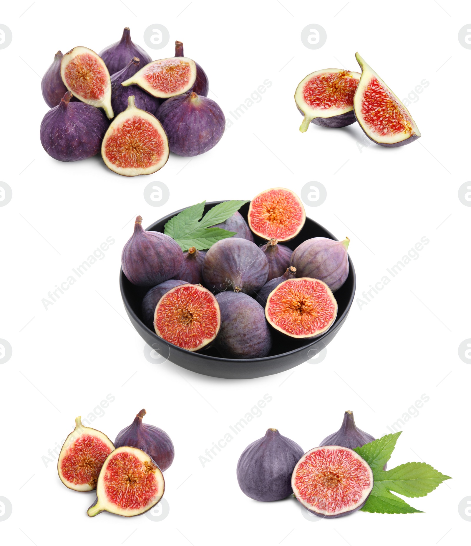 Image of Set with tasty ripe whole and cut figs on white background