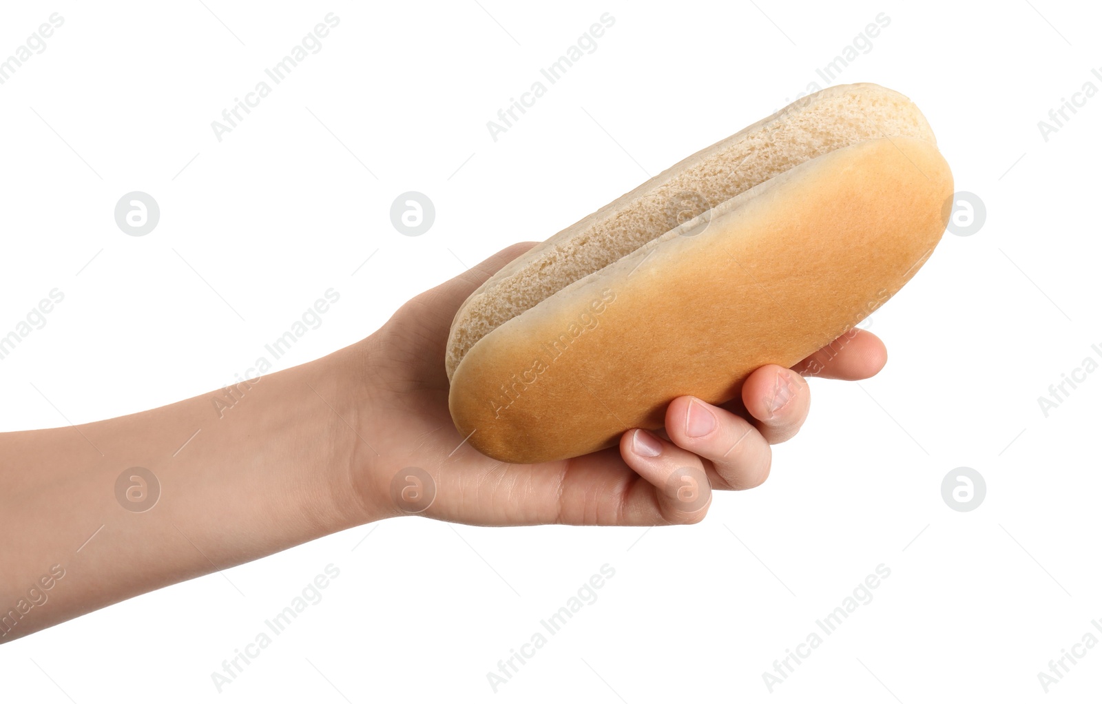 Photo of Woman with fresh hot dog bun on white background, closeup