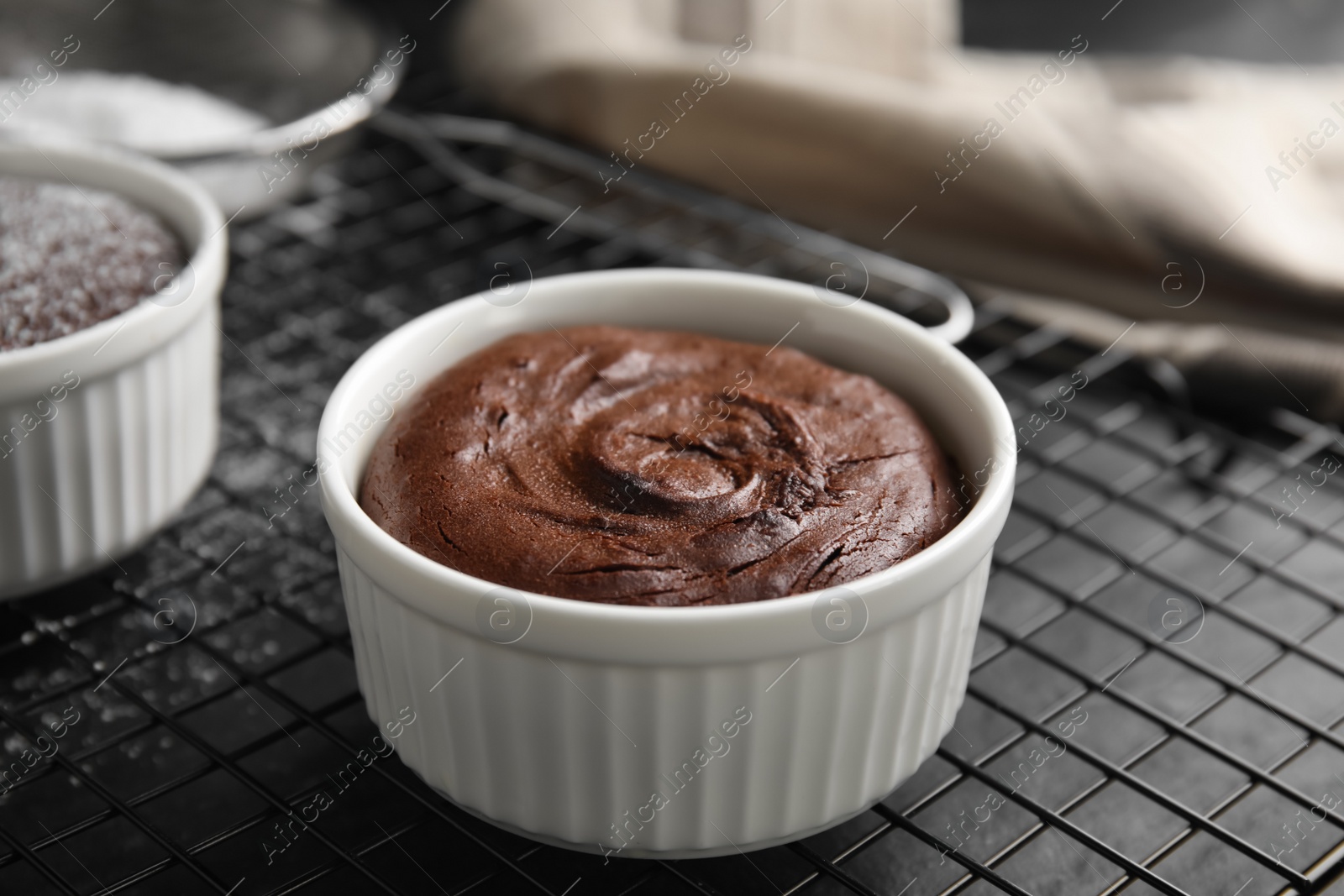 Photo of Delicious fresh chocolate fondant on black table