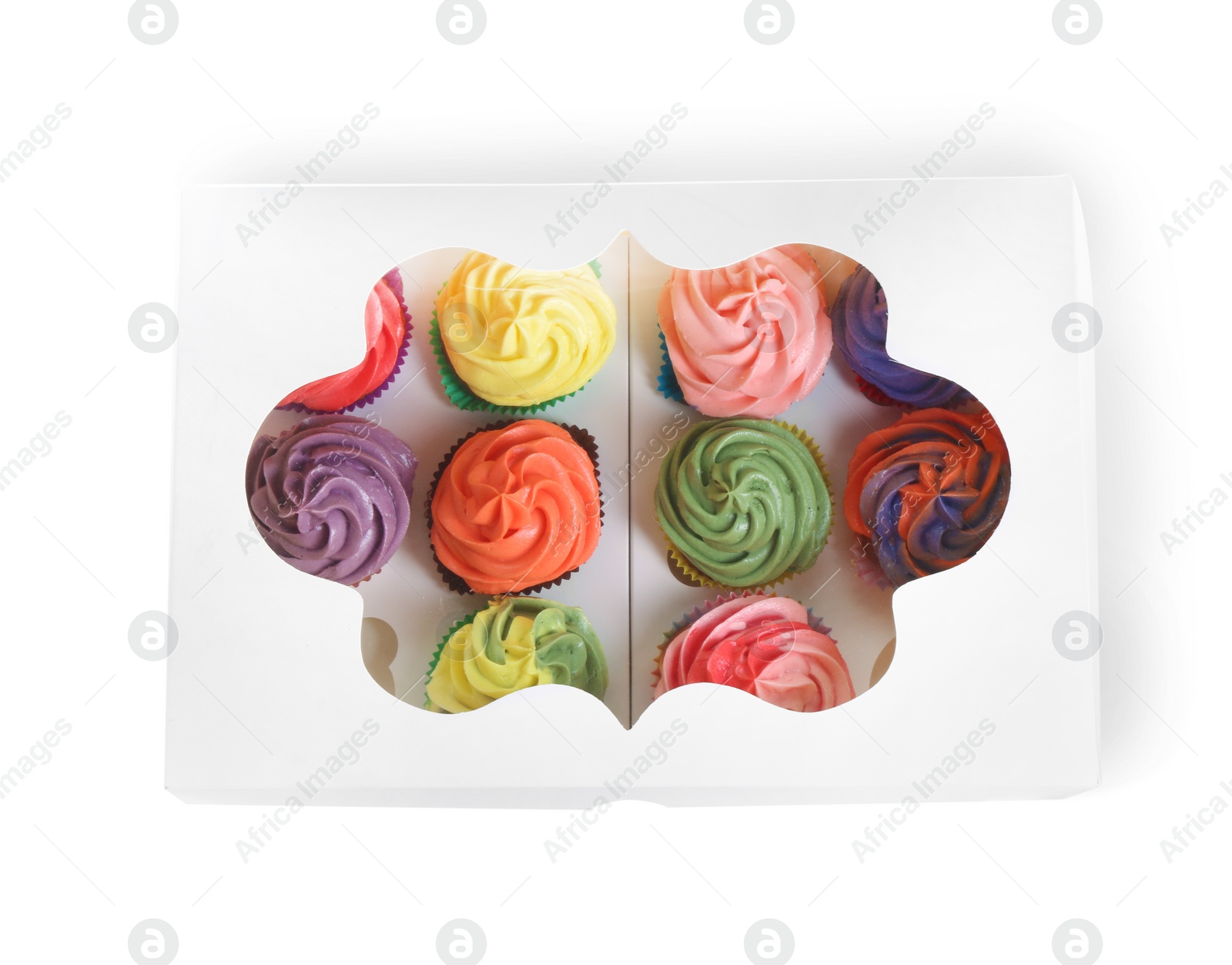 Photo of Box with different tasty cupcakes isolated on white, top view