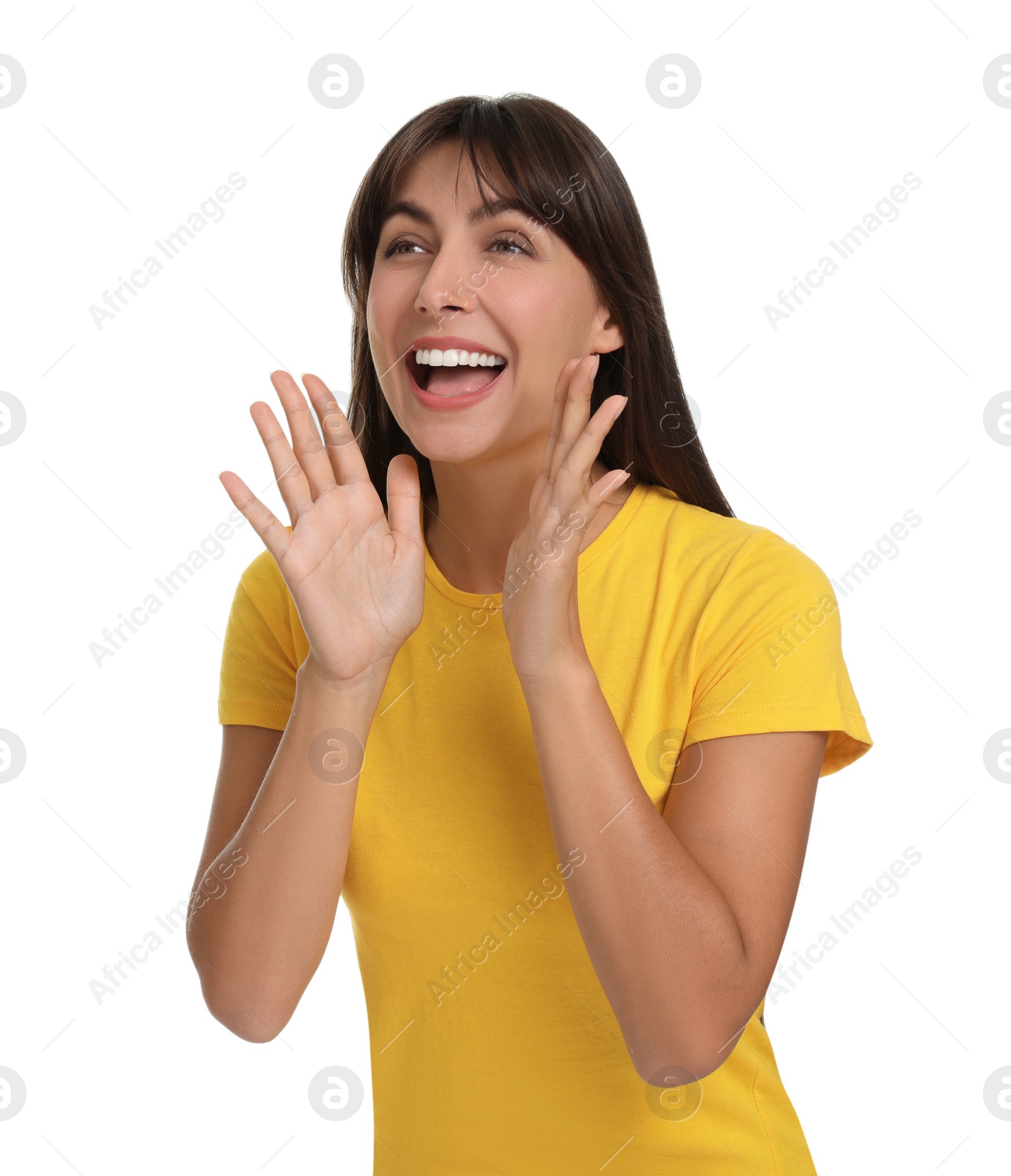 Photo of Special promotion. Woman shouting to announce information on white background
