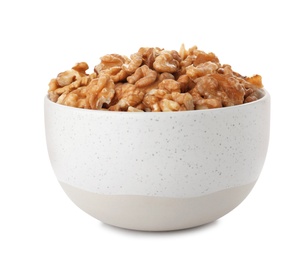 Bowl with tasty walnuts on white background