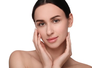 Portrait of beautiful young woman on white background