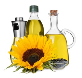 Bottles of cooking oil, sunflower and seeds on white background